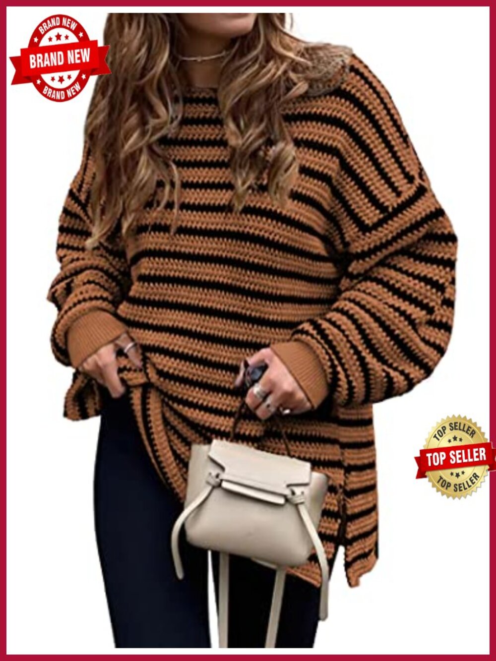 Oversized Striped Sweater Tunic Pullover Loose Knit Crewneck Long Sleeve